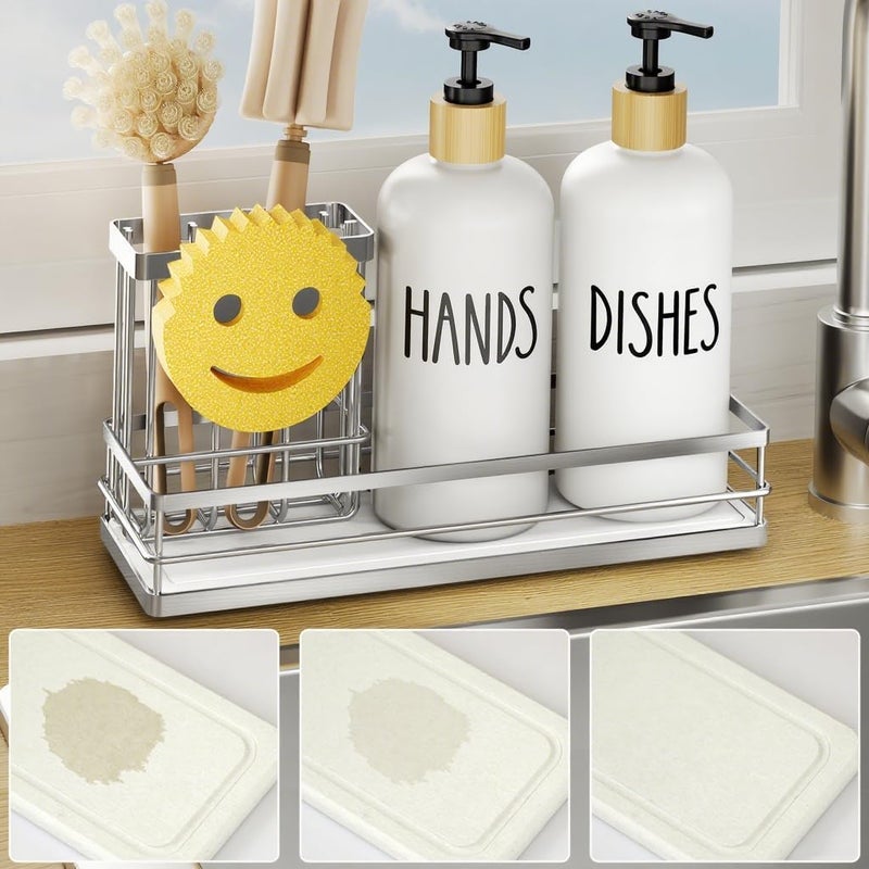 Moforoco Kitchen Dish Soap Dispenser Set, 16OZ Glass Bottle, Hand and Dish Soap Dispenser Set, Instant Dry Tray, Non-Slip Silicone Pad, Brush Holder with Sponge Holder, Kitchen Decor（White Bottle） - Image 1